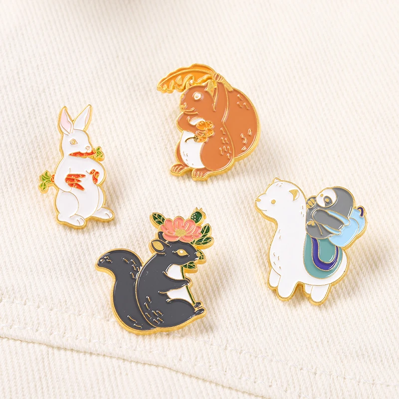 

Cute Animal Enamel Pins Flower Carrot Bunny Pine Cone Squirrel Alpaca Sloth Black White Brooches Bag Badge Gift for Friends Kids