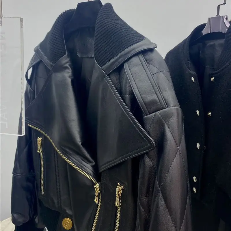 2022 Autumn Zipper Motorcycle Sheepskin Jacket Women Double Breasted Belt Gold-Button Casual Biker-Coat Outwear Chic