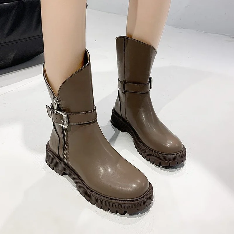 

2021 autumn and winter sexy mid-tube Chelsea boots ladies thick-soled black boots belt buckle side zipper women's shoes EU 35-39