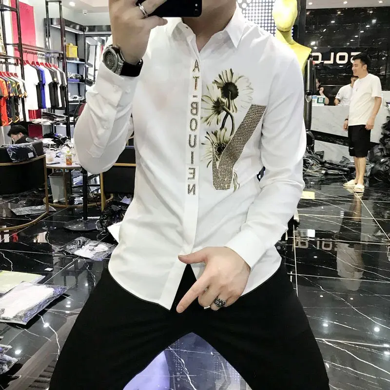 

2021 spring and autumn new shirt handsome printed non-iron white shirt men's long sleeve jacket