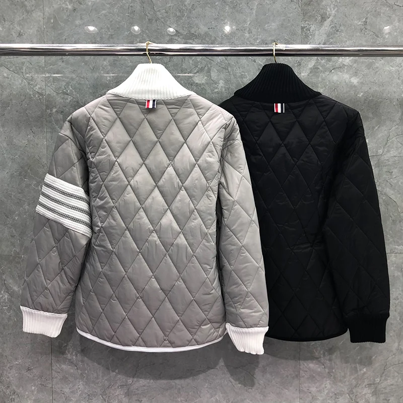 TB THOM Men's Winter Jacket Fashion Brand Coat 4-Bar Stripe Diamond LatticeTurtleneck Cotton-Padded Pullovers Thick TB Jackets