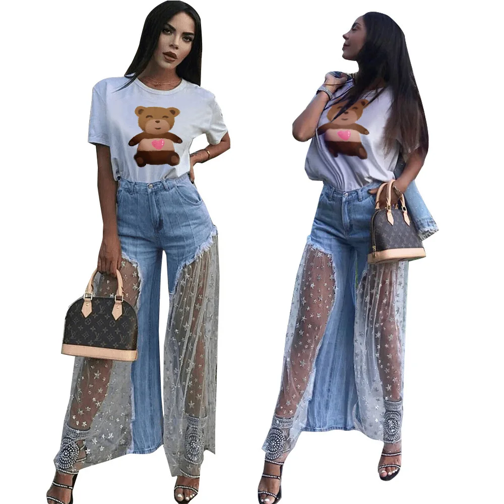 Сексуальные широкие брюки женские джинсы с высокой талией Прозрачные принтом