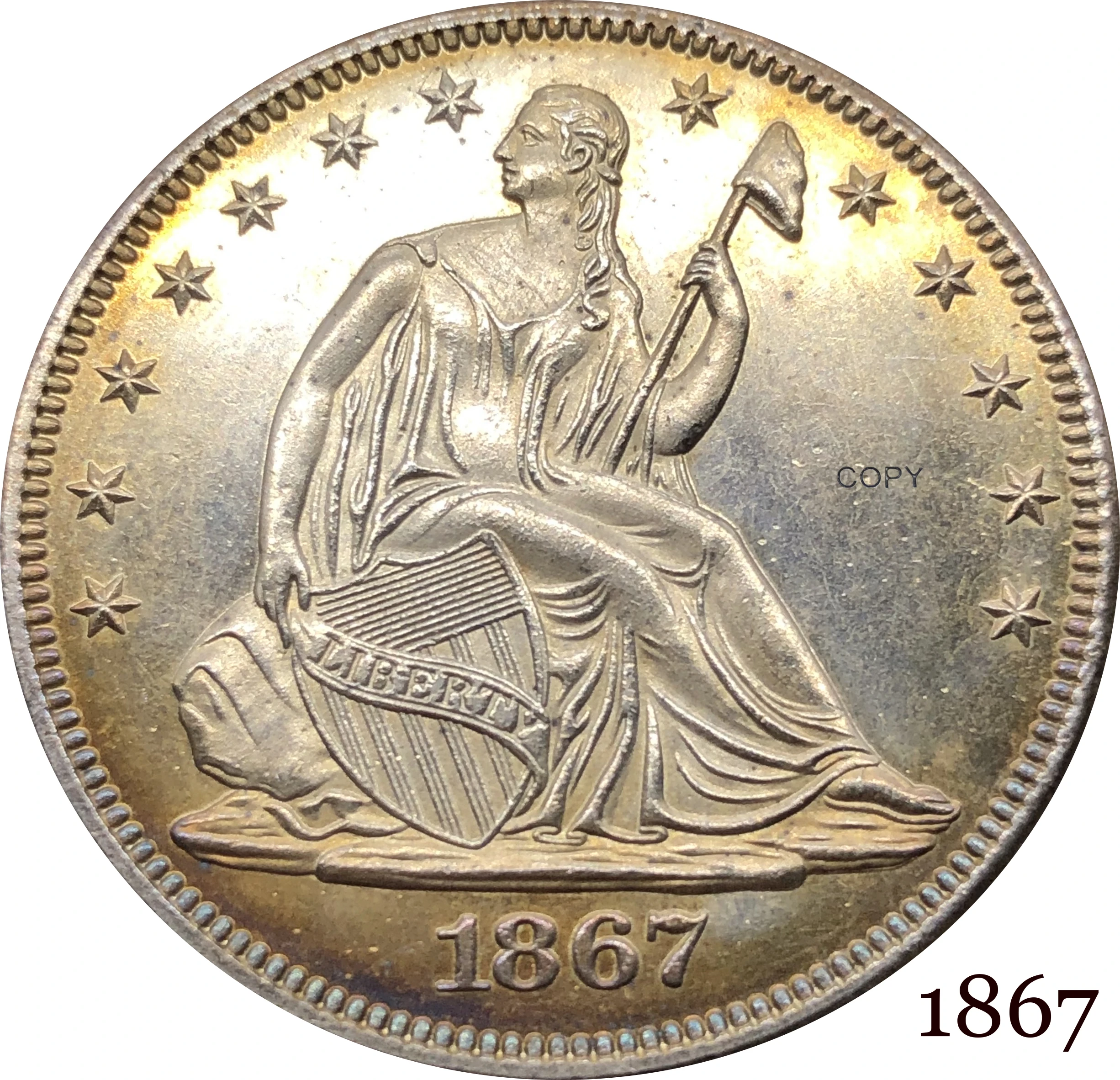 

United States America USA 1867 ½ Dollar Seated Liberty Half Dollar Cupronickel Silver Plated Below Eagle Copy Coin With Motto