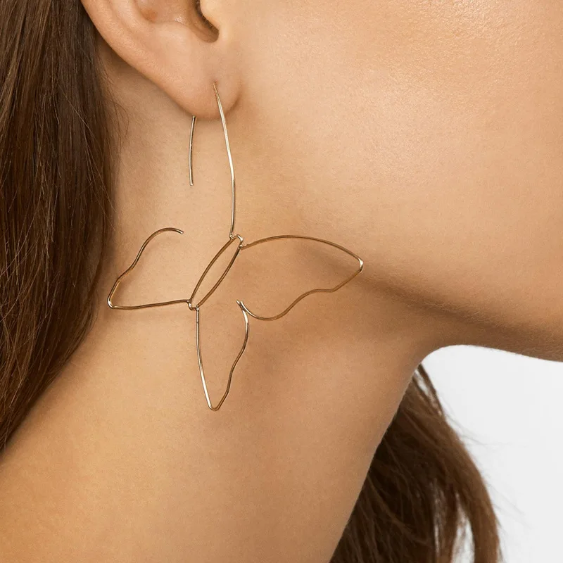 wing tak yuk Handwork Cooper Wire Butterfly Earrings For Women Gold Color Big Punk Hoops Fashion Party Jewelry | Украшения и