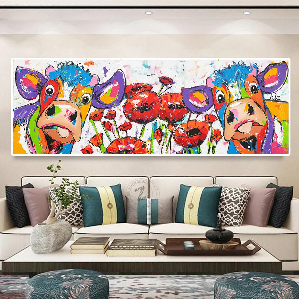 

Wall Art Canvas Painting Cute Colorful Abstract Cow Floral Poster And Print Pictures For Kids Room Decor Home Decor No Frame