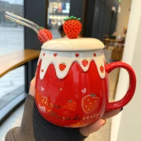 mug with straws ceramic mug with lid spoon coffee cup couple mug strawberry cute girl breakfast mug creative kawaii mug tazas