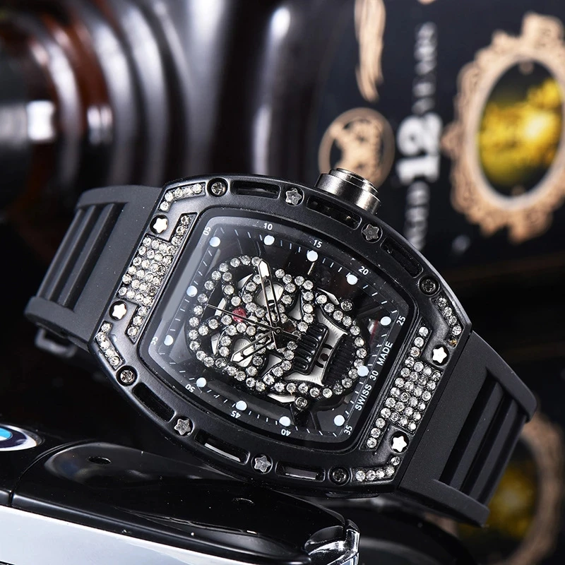 

Luxury Sports watch Male Ghost Head Inlaid Diamond Chronograph Multi-Function Silicone Strap Man WristWatch