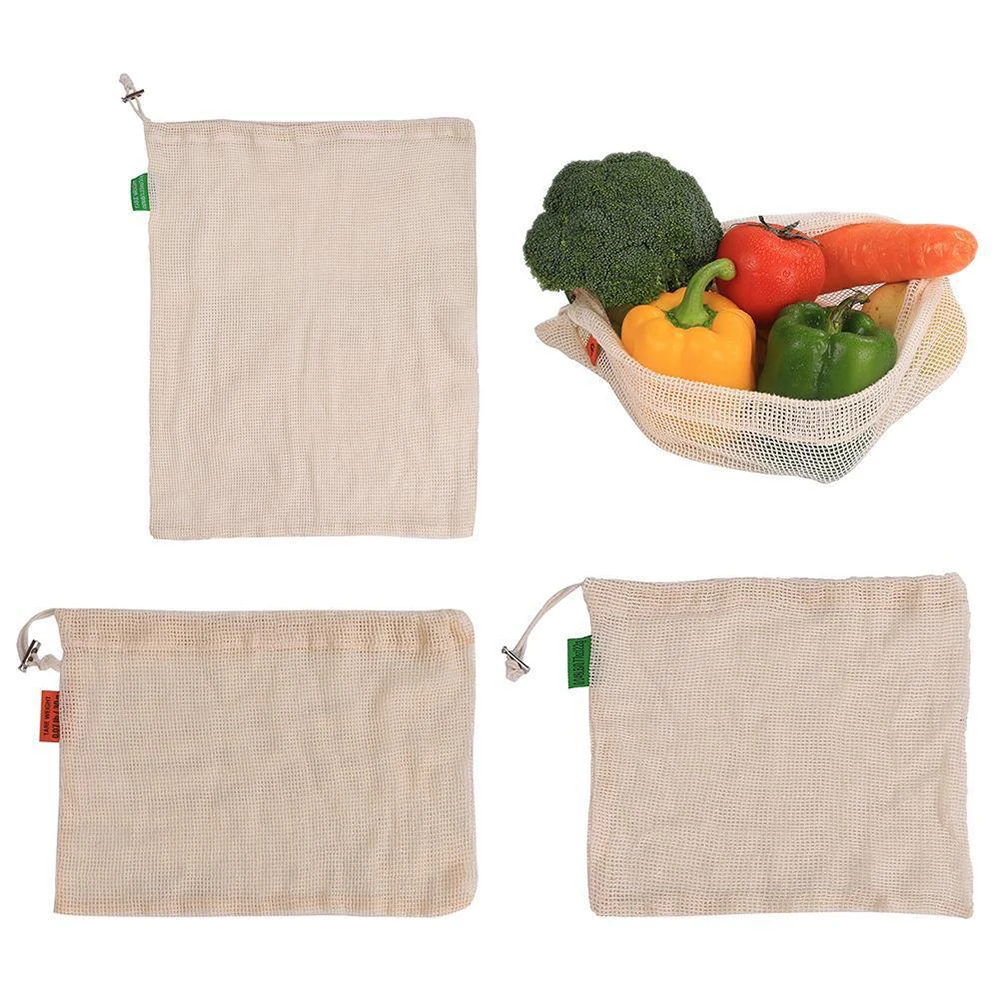 

Reusable Produce Bags Organic Natural Cotton Mesh Vegetable Fruit Vegetable Storage with Drawstring For Kitchen
