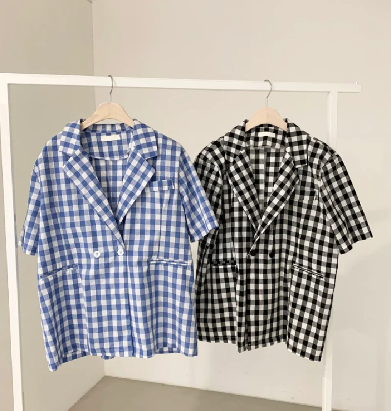 

Qooth Plaid Causal Short Sleeve All Match Blazer Summer Thin Split Straight One Size Blazer Fashion Blazer with pockets QT800