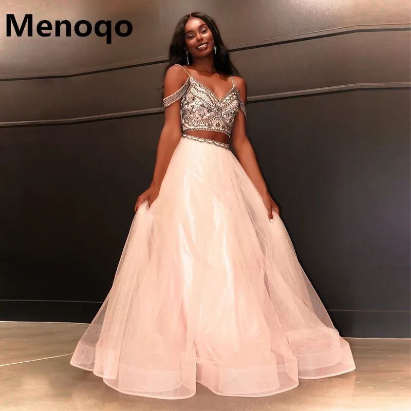 

Elegant Evening Gowns Two Pieces Beading Prom Dresses Tulle V Neck A Line Prom Evening Dress Crystal Women Prom Party Dress