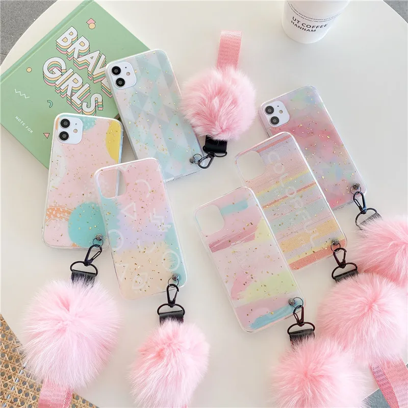 

Pink Hairball Phone Case For iPhone 11 12 Pro Max XS 7 8 Plus XR SE 2020 Gold Powder Geometric Back Cover For iPhone 12Mini Case