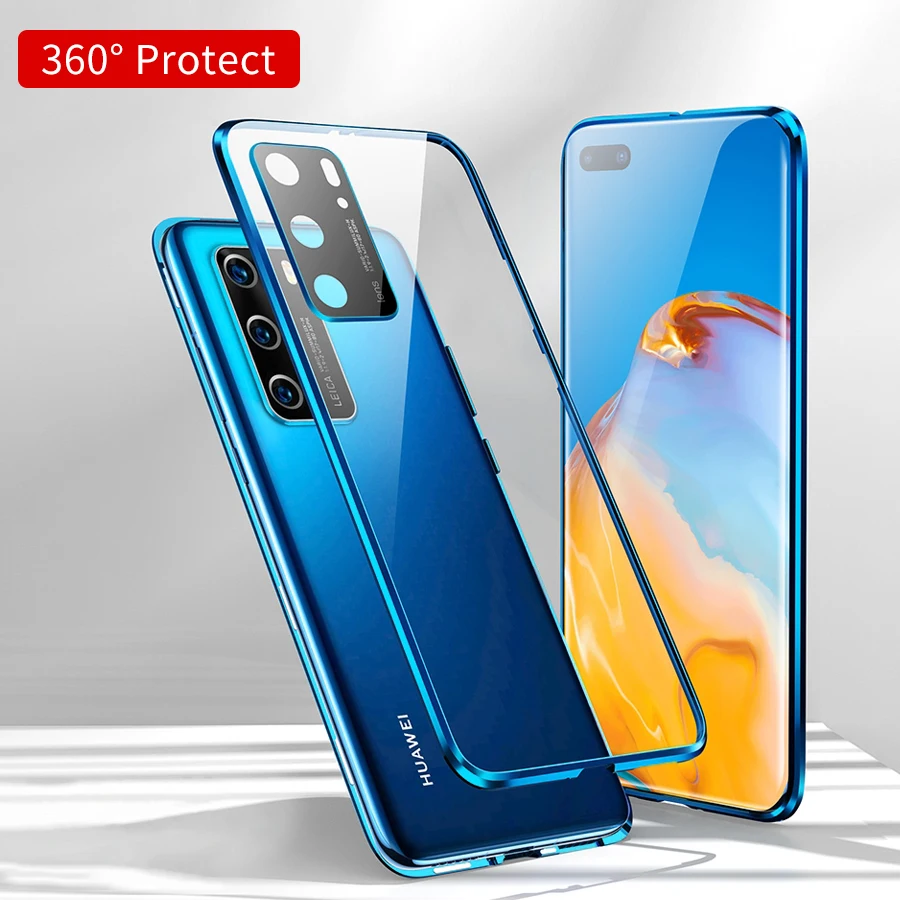 

Double-sided transparent glass Case For huawei P30 P40 Pro mate 30 Pro Nova 7 metal magnetic adsorption Cover Dust Protection
