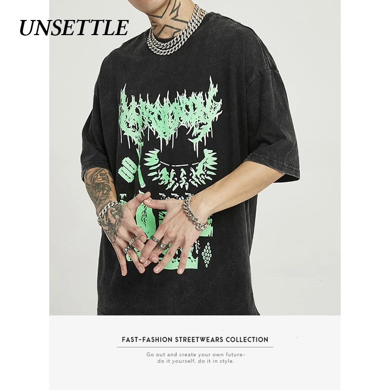 UNSETTLE Мужская футболка с коротким рукавом тяжелая ткань уличная мода панк-рок