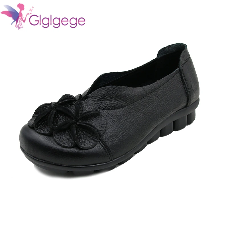 

Glglgege Vintage Handmade Folk Style Women Flats Casual Shoes Genuine Leather Lady Soft Bottom Shoes for Mother Fashion Loafers