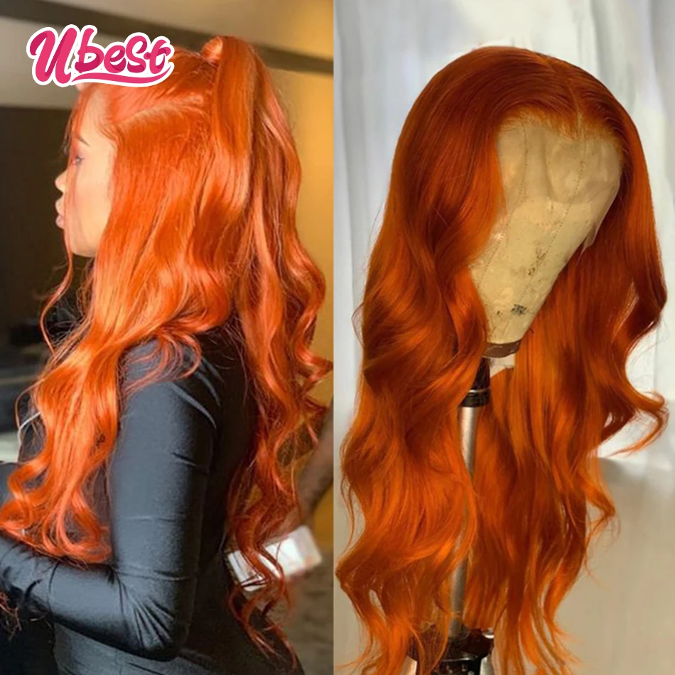 Ubest Transparent Ginger Orange Colored Human Hair Wigs Malaysian Lace Front Wig Body Wave Virgin Pre Plucked 30