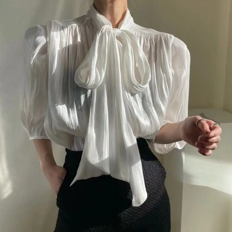 

Sexy Through Lace Up Bow Design Stand Collar Blouse Women Office Lady Puff Long Sleeve Solid Loose Shirt 2021 Spring Blusas