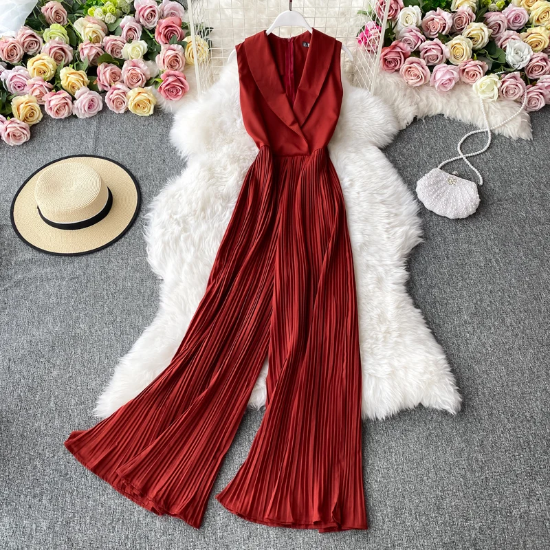 

Pinkou Women Fashion Pleated Long Jumpsuits Bow Tie Belt Sleeveless Playsuits Female Chic One Piece Solid Long Tops KA42