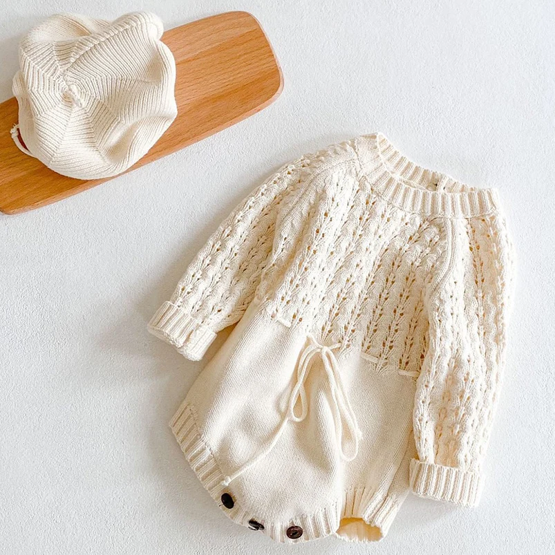 

Spring Autumn Knitted Bodysuit for Boy and Girls Vintage Hallow Long Sleeve Romper for Newborn Baby Clothing Set Toddler oensie