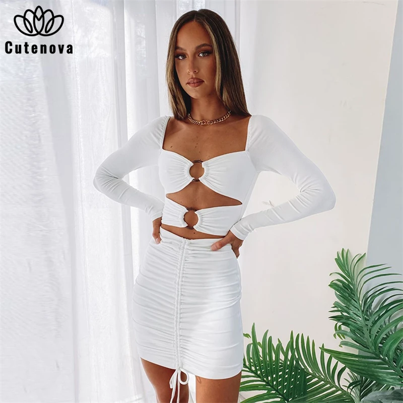 

Cutenove Sexy Party Club Bodycon Dresses For Women's 2021 Summer Clothing Hollow Out Shirring Mixi Dress Female Streetwears
