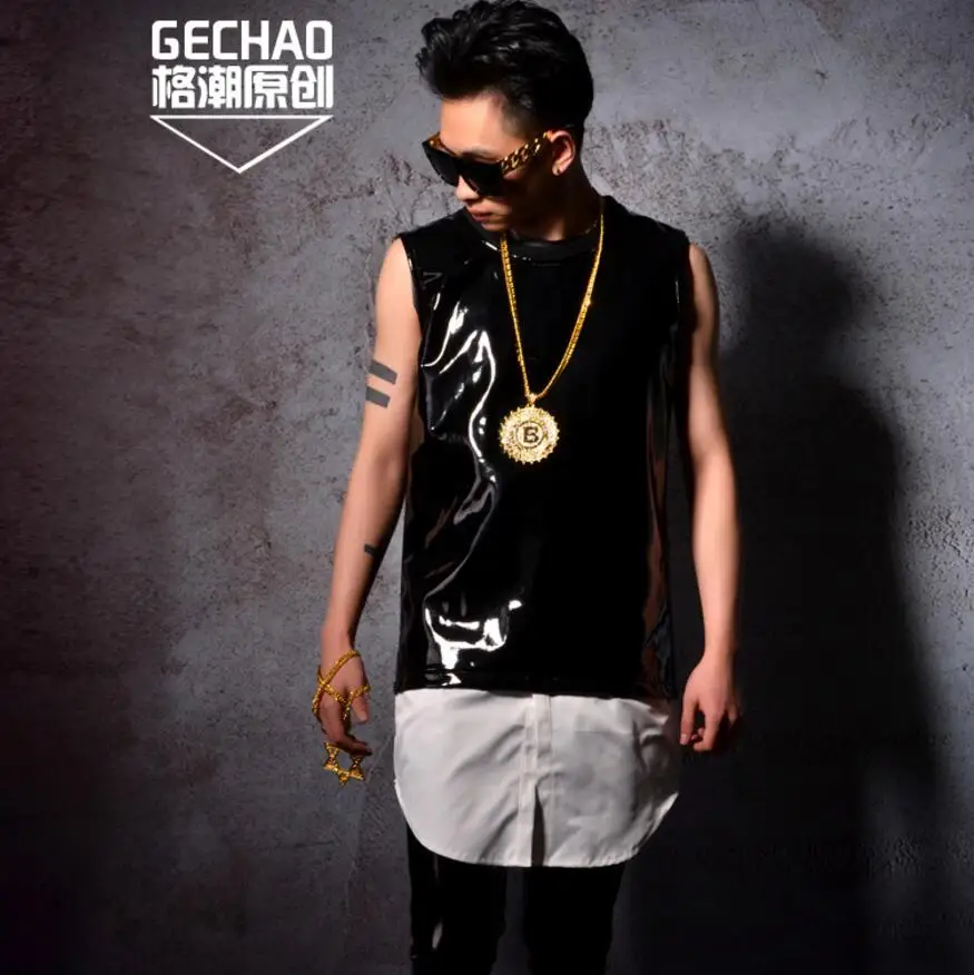 

The Europe And United States Large Size Nightclub Dj Men Singer Black Pu Leather Fake Two-piece Vest Performance Costumes /s-5xl