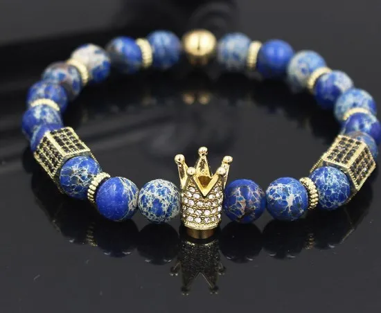 8mm tn2 gold silver Copper cz zircon cubic zirconia elastic adjusted Charm lapis lazuli nature stone agate Onyx Crown Bracelet