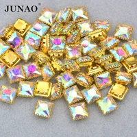 junao 8mm sew on glass crystal ab squre shape rhinestones gold claw strass crystals applique sewing flat back stones 50pcs