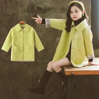 girls babys woolen coat jacket outwear 2021 simple green thicken autumn winter hooded keep warm button childrens clothing