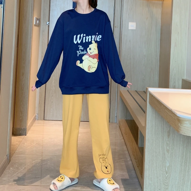 Disney Winnie the Pooh Cute Kawaii Pijama Mujer Blue Tops and Yellow Trouser Suits for Women Sleepwear Soft Women's Nightwear