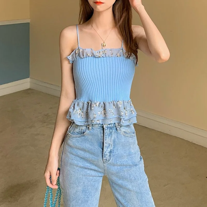 Летние милые женские майки Лоскутные Цветочные оборки Тонкий Фитнес шикарные