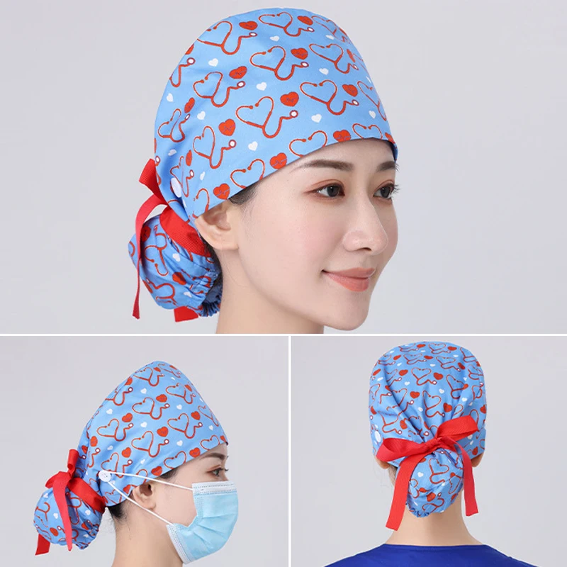 

Women Cap With Button Sweatband Bouffant Tie Back Adjustable Fashion Love Nurse Working Cap Medical Cap Accessories