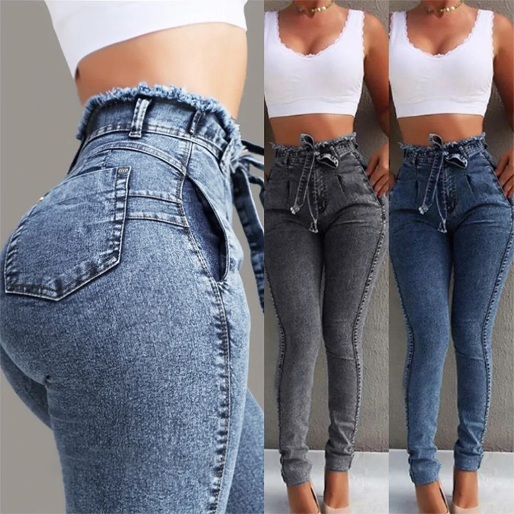 

SHUJIN 2021 High Waist Jeans For Women Slim Stretch Denim Jean Bodycon Tassel Belt Bandage Skinny Push Up Jeans Woman