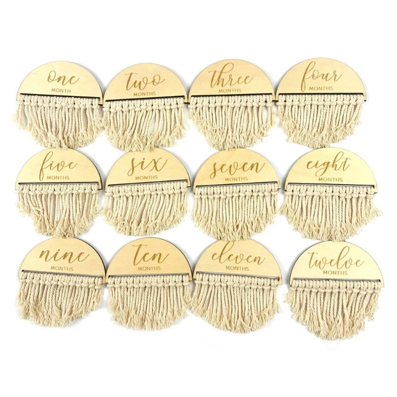 

67JC 12 Pcs Newborn Monthly Growth Recording Milestone Card Handmade Tassels Wooden Teether Birth Commemorative Cards Props Toy