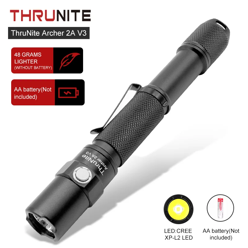 

ThruNite Archer 2A V3 LED Torch, Flashlight Torch with 500 Lumens, AA EDC Flashlight, XP-L V6 LED Flashlight with Removable Clip