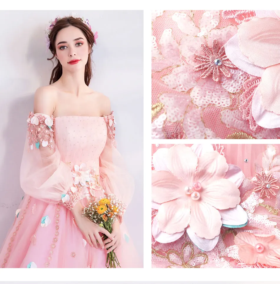 Розовое Цветочное платье для выпускного вечера длинные рукава ТРАПЕЦИЕВИДНОЕ