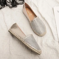 rivets espadrilles crystal slip on loafers women hemp knitted cover toe shallow moccasins sewing goldsilver straw flats shoes