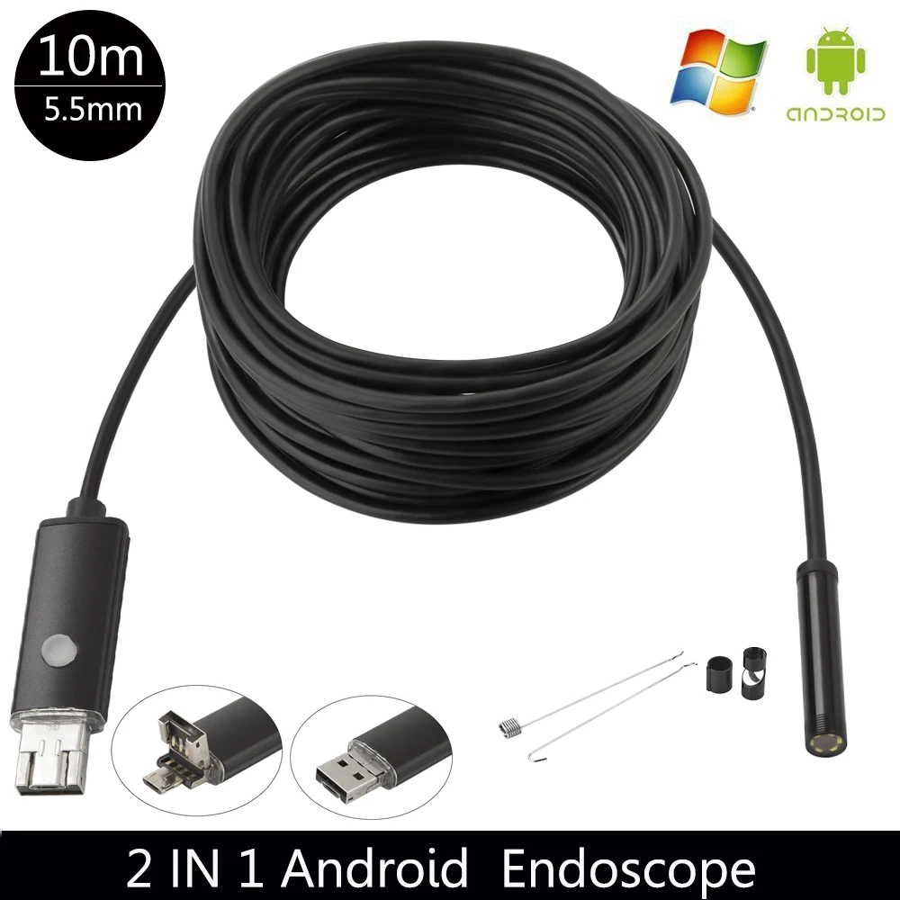 

High quality 5.5MM USB endoscope Android camera 1/2/5/10m flexible snake tube detection SmartPhone OTG endoscope camera 6LED