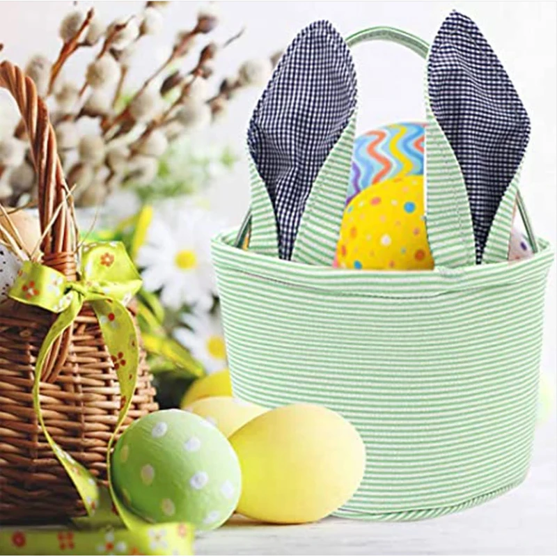 10pcs/Lot Easter Basket Seersucker Egg Hunt Bunny Bag for Kid Rabbit Ear Easter Bucket Candy Storage Gift at Easter Party
