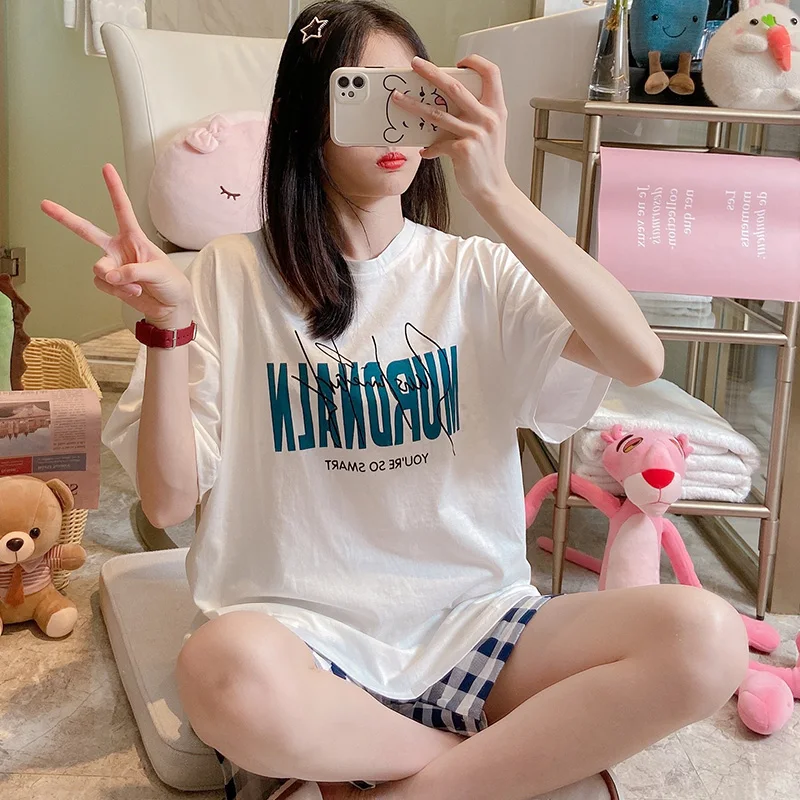 

Small Plaid Pajamas Women's Summer Loose-Fitting Pure Cotton Short Sleeves Shorts Suit Korean Style Student Homewear Spring and