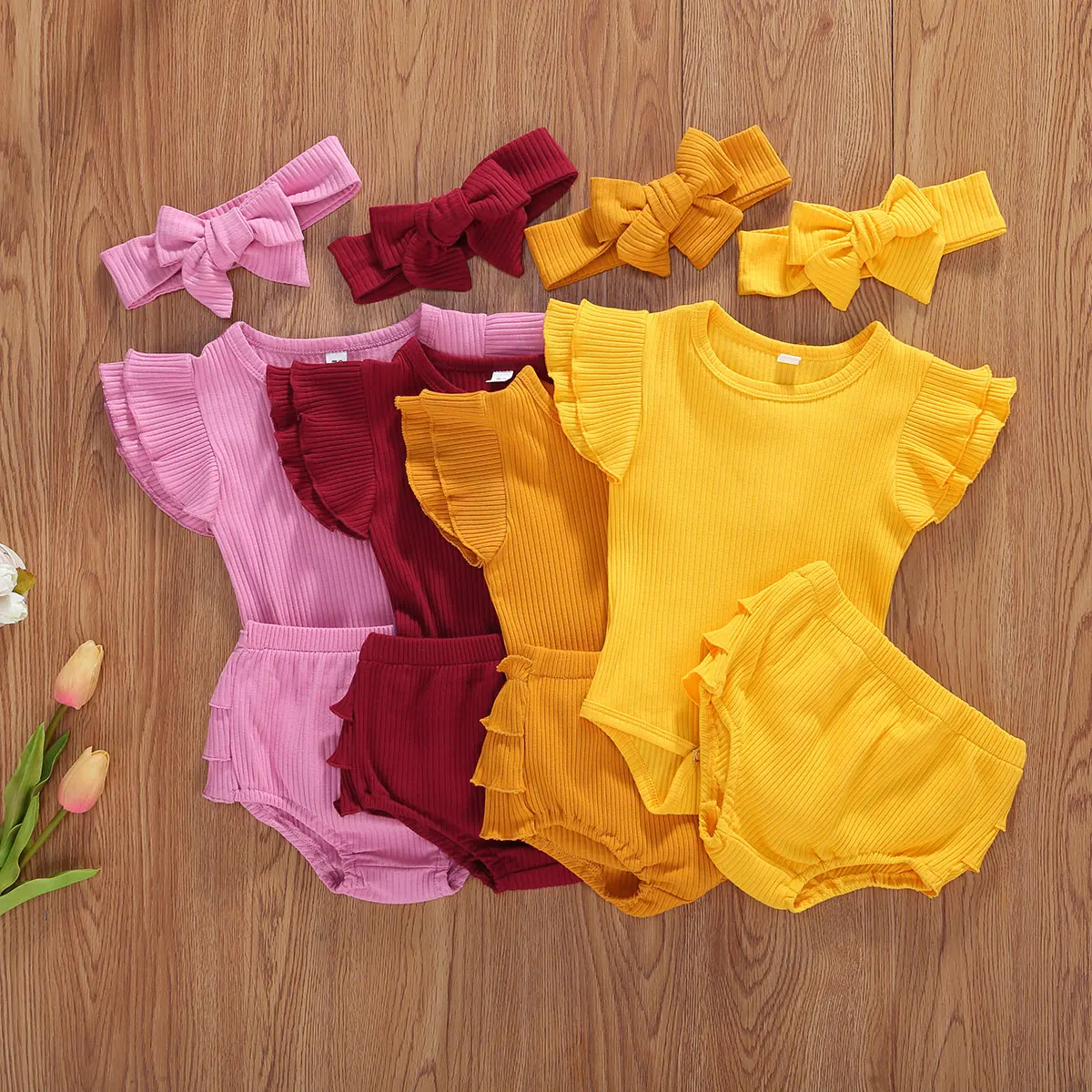 Newborn Kids Baby Girls Boys Clothes Sets 3pcs Solid Ruffles Short Sleeve Romper Tops Shorts Headband | Детская одежда и обувь