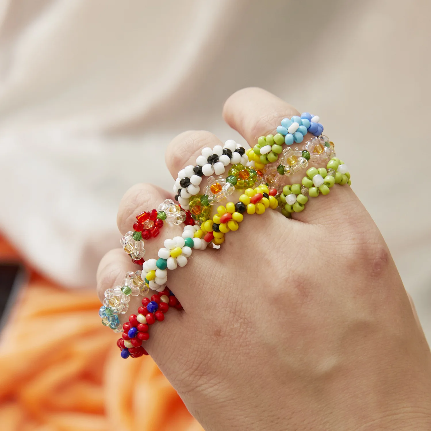 

korean fashion boho beads daisy flower finger rings for women girls handemade bohemian rings aesthetic 2021 trend bijoux femme
