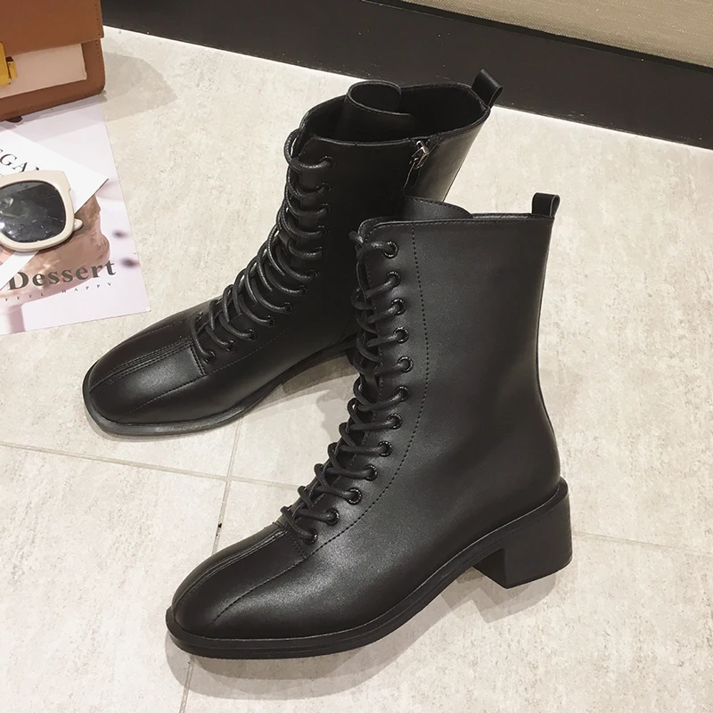 

woman Spring 2020 New winter boots women Side zipper Women's boots Square head Cross straps Boots Fashion Mid-heel booties y505