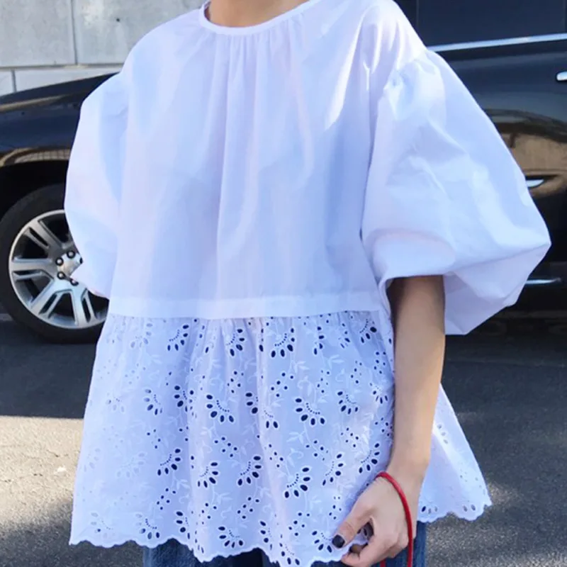 Женская кружевная блузка [EWQ] белая с круглым вырезом и пышными рукавами ажурная