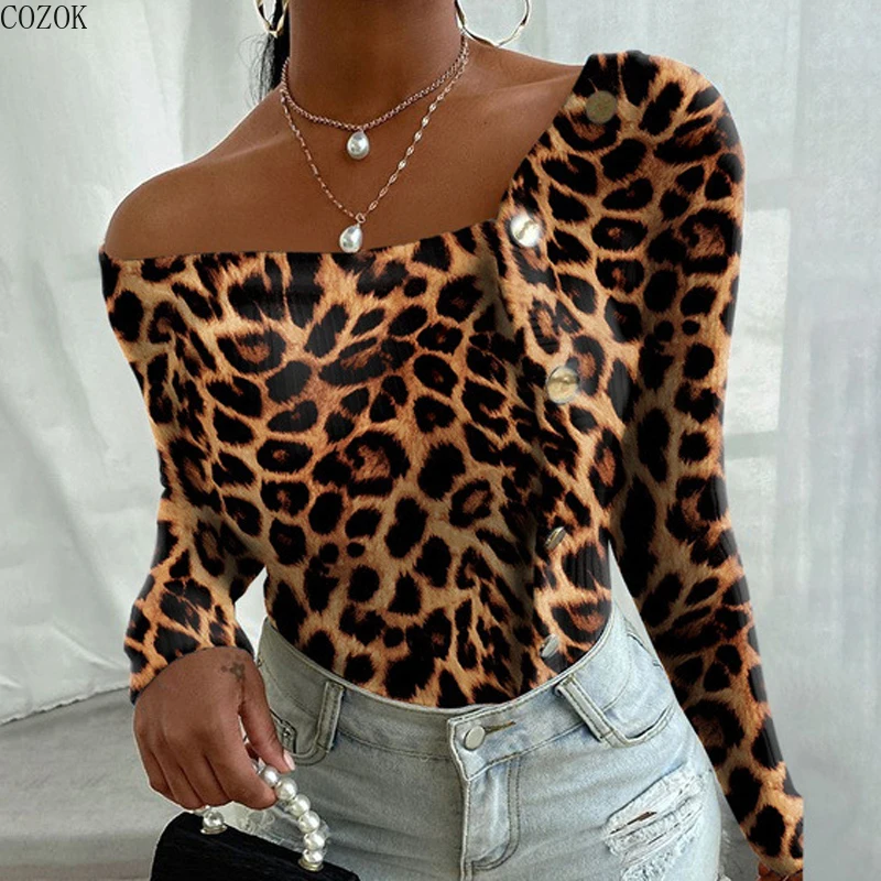 

Leopard grain splicing sweater Women Sexy V-Neck Button Blouses Shirts Autumn Elegant Casual Long Sleeves Solid Tops Female