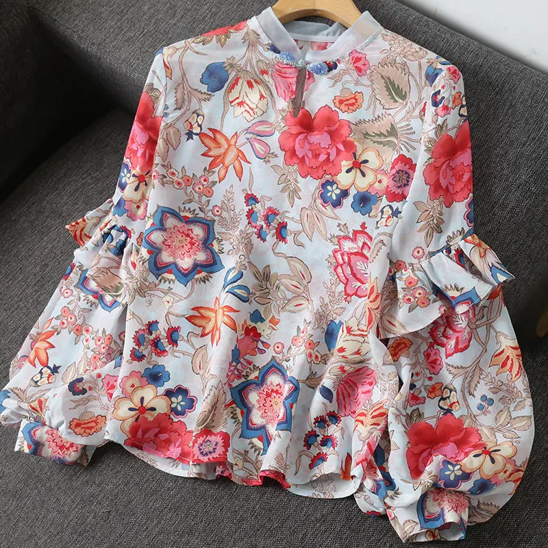 

New new2020 Spring Women Print Floral Ruffles Long Lantern Sleeve Chiffon Blouse Female Casual Loose Stand Collar Shirt X33