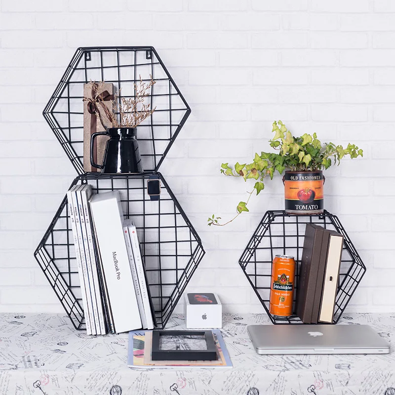 Современная железная шестиугольная сетка настенная полка для хранения
