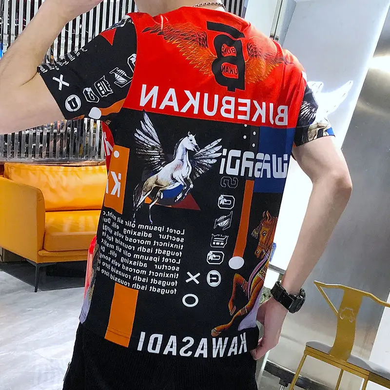

2021 summer new tide brand T slim personality coat printed hot drilling heavy industry short sleeve T-shirt men