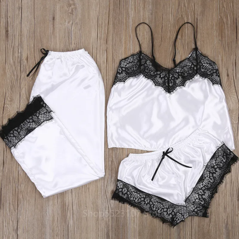 

3Pcs Women Sexy Satin Lingerie Underwear Babydoll Silk Nightgowns Loose Nightwear Sleepwear Strap Solid Pink Color Lace Set