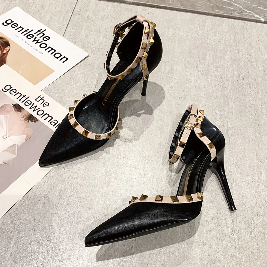 

sexy rivet pumps women shoes buckle slingback pointed toe sandals high heels narrow band slides fashion Stilettos zapatos mujer
