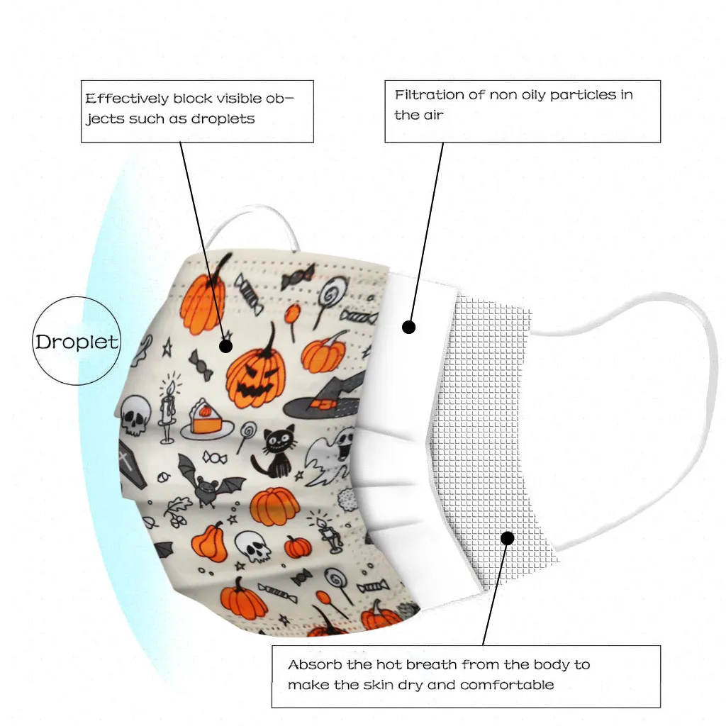 Детская маска с белым принтом на Хэллоуин 3 слойная дышащая одноразовая ушной