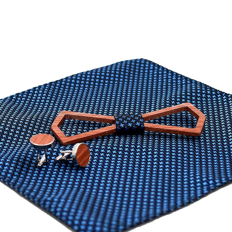 

2020 3D Wooden Bowtie Pocket Square Cufflinks Set for Mens Wedding Suit Handkerchief Wood Bow Tie Vestidos Cravat Gifts